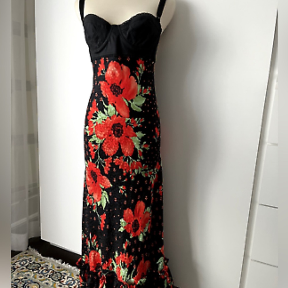 D&G Dolce & Gabbana Vintage Poppy Print Silk Tea Length Dress
